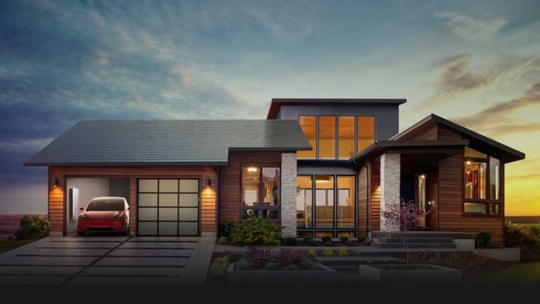 red car modern house evening